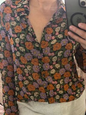 Floral Button-Front Blouse in Black with Orange & Purple Flowers
